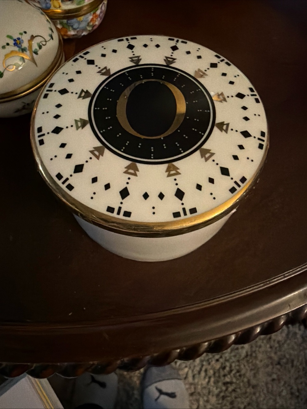 Round Decorative Trinket Box with Black and Gold Accent
